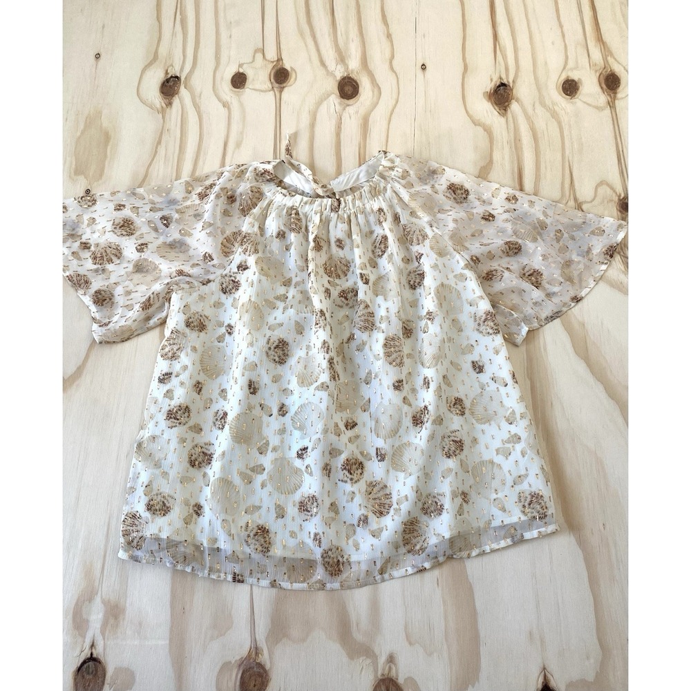 LOFT gold tan shell print partial open back casual beachy blouse size LP NWT
